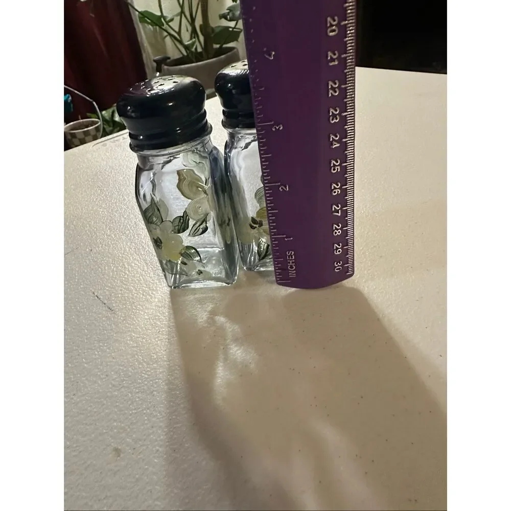Pair Of Hand Painted Floral Glass Salt & Pepper Shakers